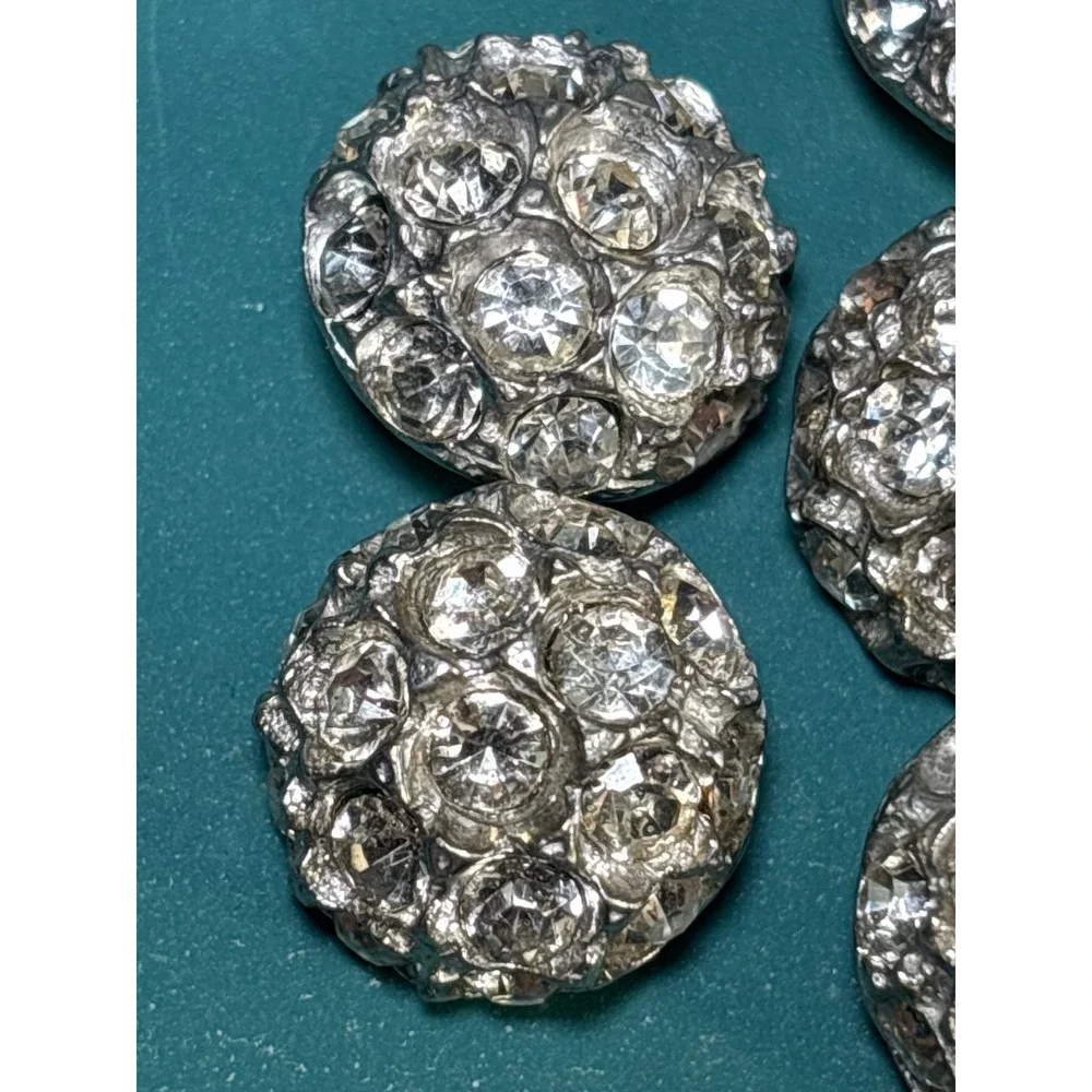 7pc Silver Clear Rhinestone Domed Shank Buttons Antique Style Round Pavé Crystal